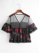 Shein Florals V Neck Mesh Paneled Peplum Blouse