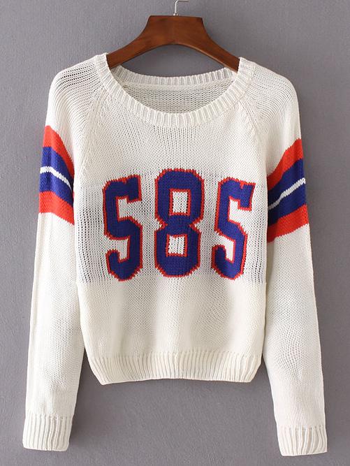 Shein White Raglan Sleeve Number Varsity Knitwear