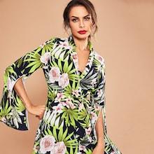 Shein Contrast Tipping Split Sleeve Tropical Wrap Dress