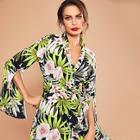 Shein Contrast Tipping Split Sleeve Tropical Wrap Dress