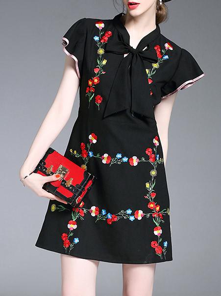 Shein Tie Neck Flowers Embroidered Ruffle Sleeve Dress