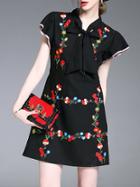 Shein Tie Neck Flowers Embroidered Ruffle Sleeve Dress