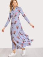 Shein Flap Pocket Front Floral & Striped Shirt Dress