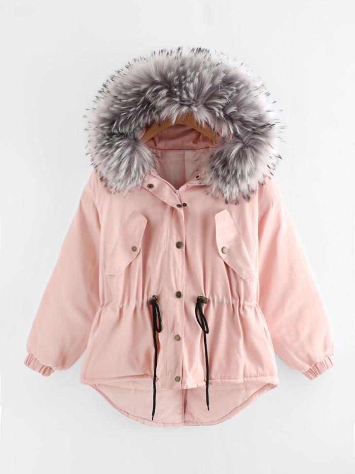 Shein Faux Fur Hood Drawstring Waist Dip Hem Coat