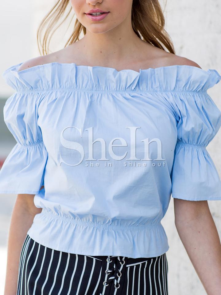 Shein Sky Blue Ruffle Off The Shoulder Bell Sleeve Elasicized Blouse