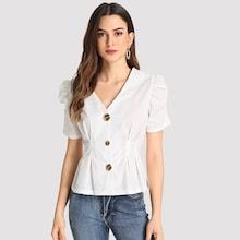 Shein Single Breasted Puff Sleeve Blouse