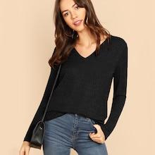 Shein Solid V-neck Rib-knit Top