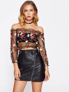 Shein Frill Trim Bardot Embroidery Mesh Top