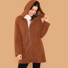 Shein Pocket Front Zip Up Hooded Teddy Coat