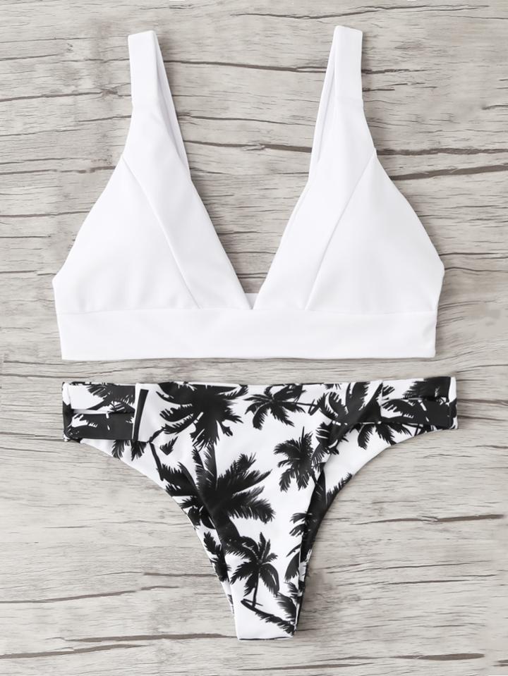Shein Mix And Match Plunge Print Bikini Set