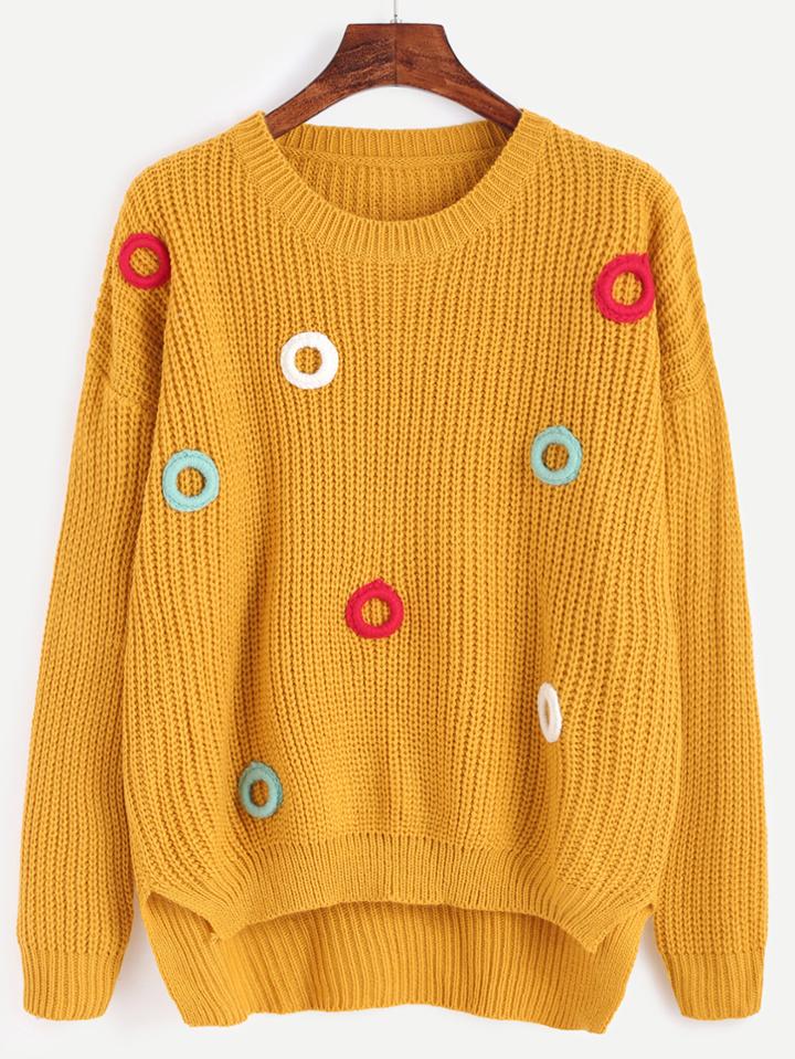 Shein Yellow Dip Hem Crochet Sweater