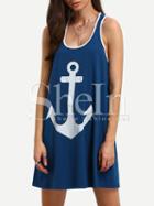 Shein Blue Sleeveless Anchors Print Casual Shift Dress