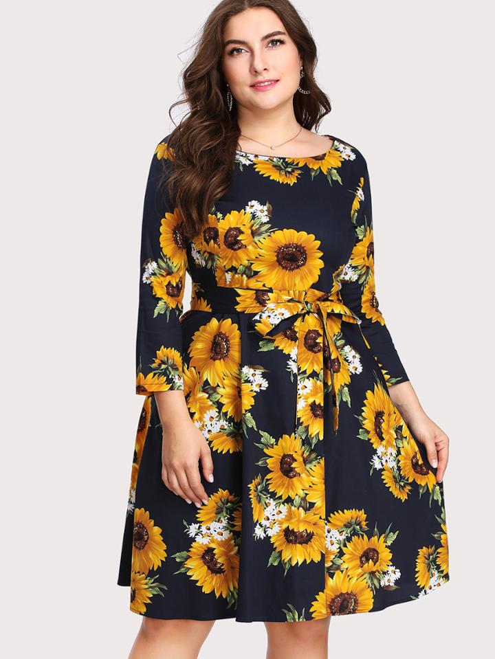 Shein Sunflower Random Print Self Tie Waist Dress