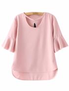 Shein Pink Dip Hem Bell Sleeve Tassel Blouse