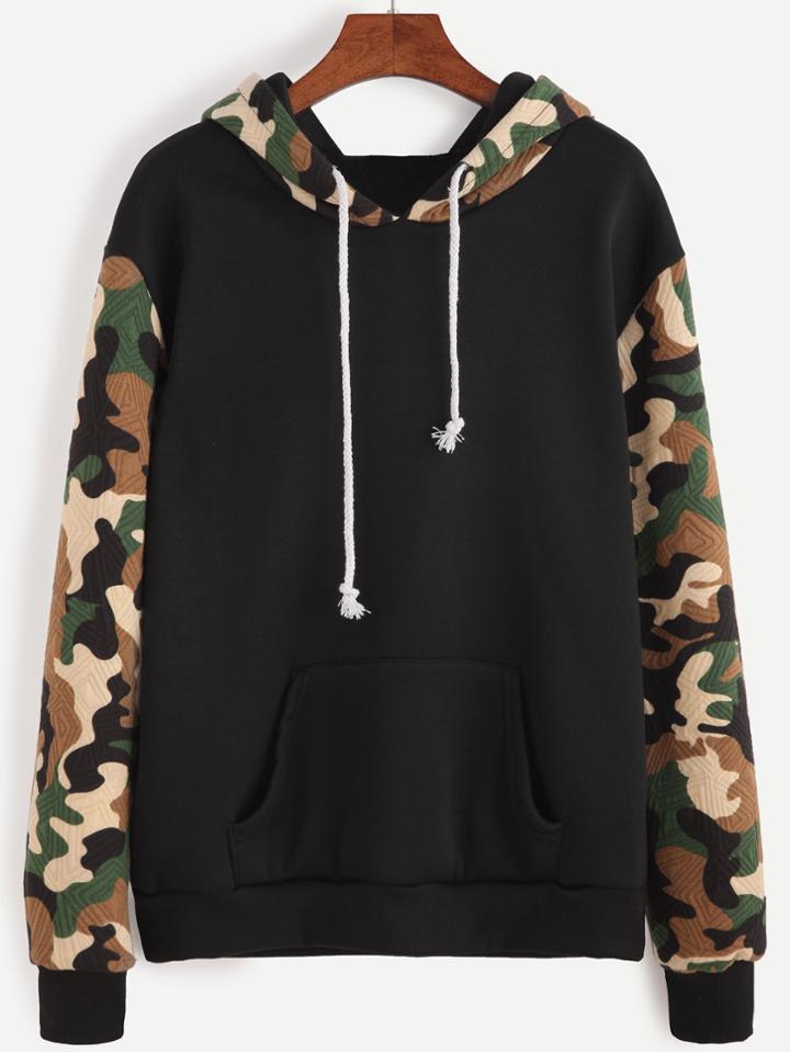 Shein Contrast Camo Print Drawstring Hooded Sweatshirt