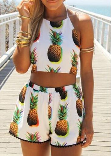 Rosewe Pineapple Print Open Back Two Piece Shorts
