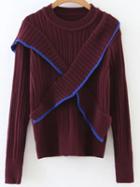 Shein Burgundy Ribbed Cross Ruffle Sweater