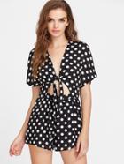 Shein Plunging Knot Front Cutout Midriff Polka Dot Playsuit