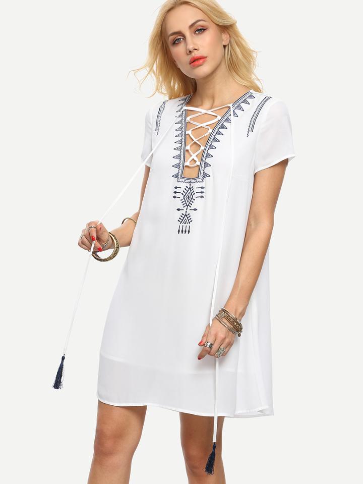 Shein White Lace-up Short Sleeve Shift Dress