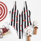 Shein Cherry Print Striped Swimsuit