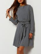 Shein Blue Wave Pattern Stand Collar Belted Dress