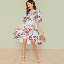 Shein Mixed Print Asymmetrical Ruffle Hem Surplice Wrap Dress