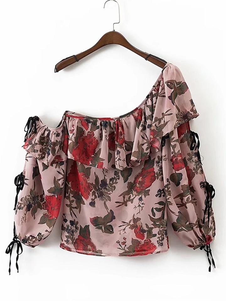 Shein Oblique Shoulder Lace Up Sleeve Ruffle Top