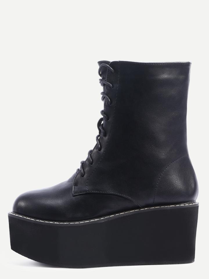 Shein Black Round Toe Lace-up Flatform Boots