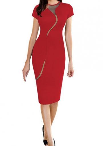 Rosewe Zip Closure Short Sleeve Red Bodycon Dress
