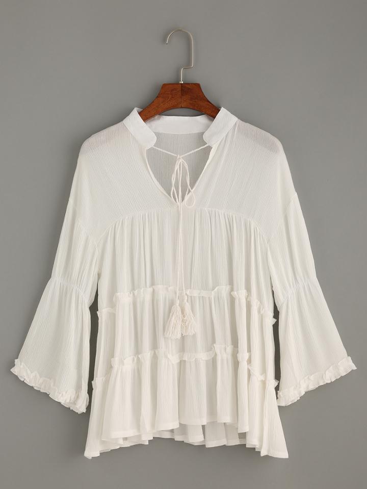 Shein White Tie Neck Ruffled Tiered Blouse
