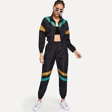 Shein Color-block Zip Up Jacket With Pants