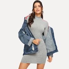 Shein Mock Neck Contrast Tape Rib Knit Dress
