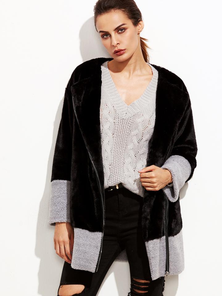 Shein Color Block Collarless Zip Up Faux Fur Coat