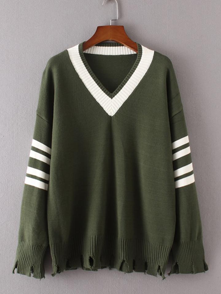 Shein V Neckline Ripped Striped Sweater