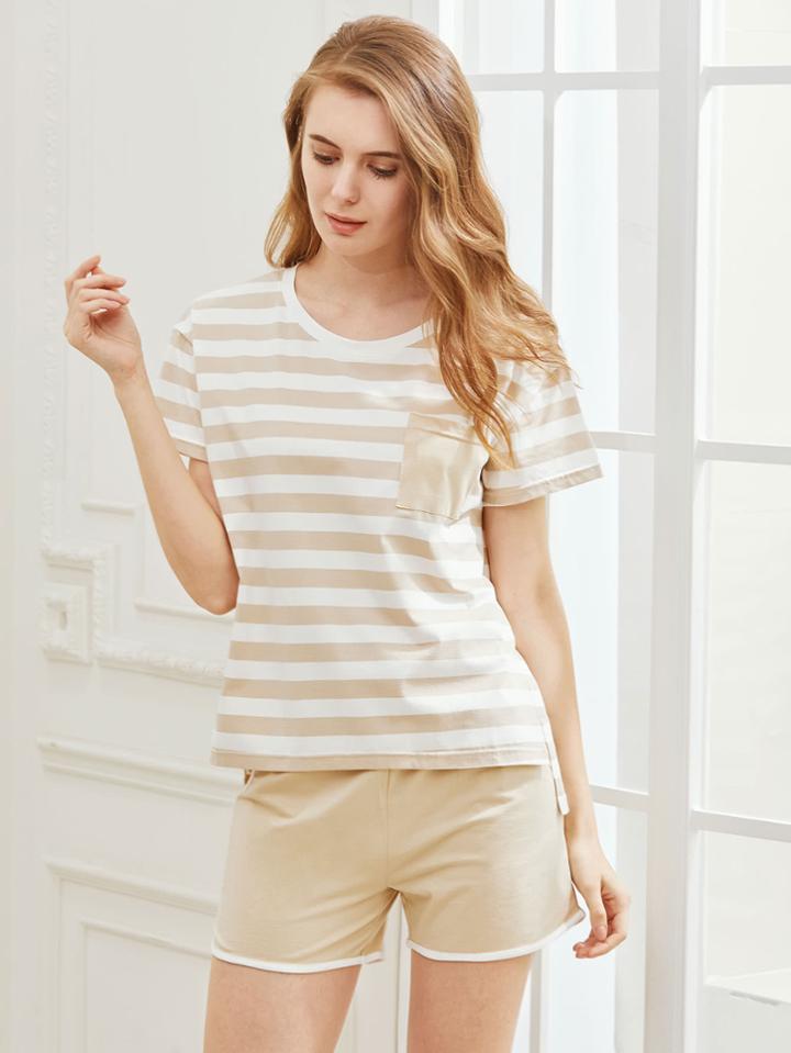 Shein Striped Pocket Tee With Shorts Pajama Set