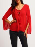 Shein Red Half Sleeve Lace Up V Back Blouse