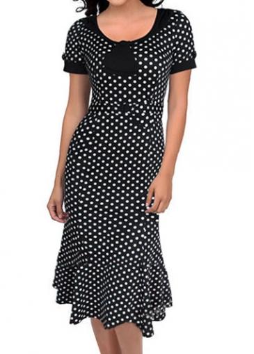 Rosewe Round Neck Polka Dot Print Sheath Dress