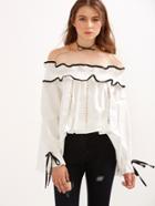 Shein White Off The Shoulder Contrast Trim Eyelet Ruffle Top