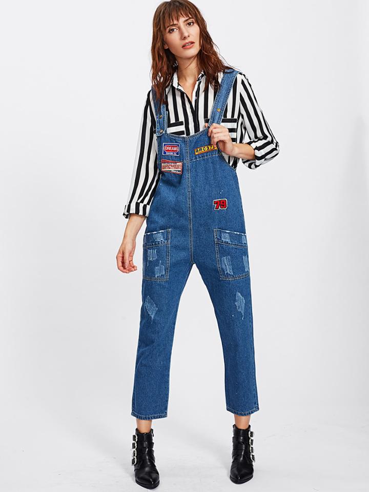 Shein Appliques Decoration Overall Denim Jumpsuit