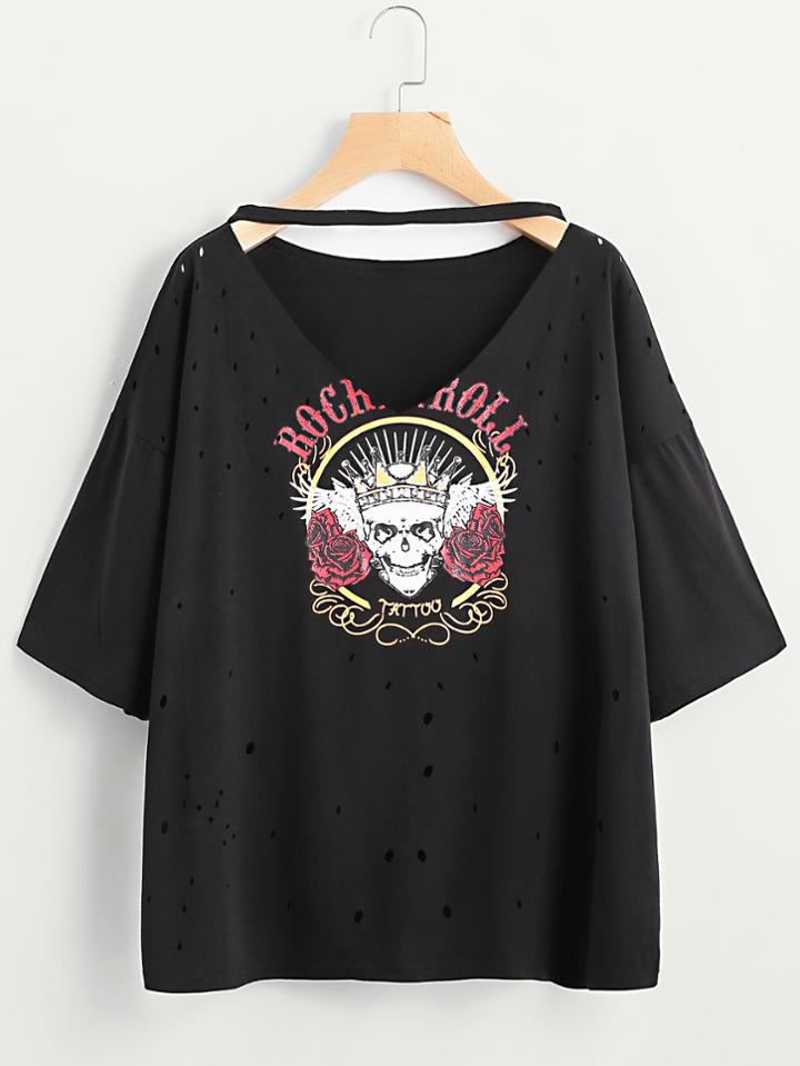Shein Choker V Neckline Graphic Print Ripped Tee