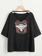 Shein Choker V Neckline Graphic Print Ripped Tee