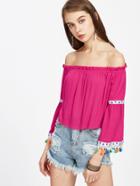 Shein Bardot Embroidered Tape And Tassel Detail Top