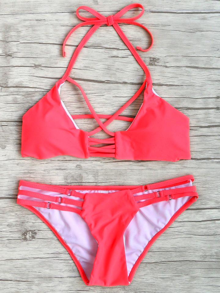 Shein Red Cross Front Ladder Cutout Halter Bikini Set