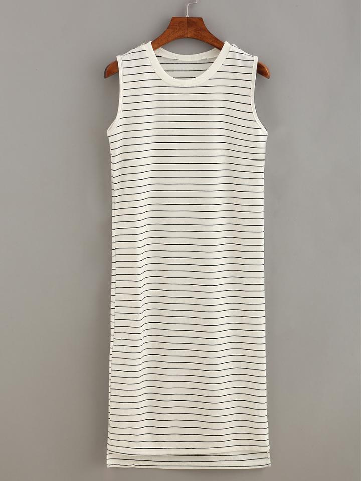 Shein Ribbed Neck Striped Tank Dress - White
