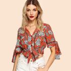 Shein Tipping Detail Knot Front Floral Blouse
