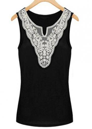 Rosewe Lace Stitching Black V Neck Tank Top