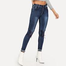 Shein Bleach Wash Lace Up Detail Jeans