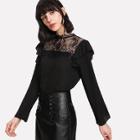 Shein Fluted Sleeve Lace Panel Ruffle Trim Top