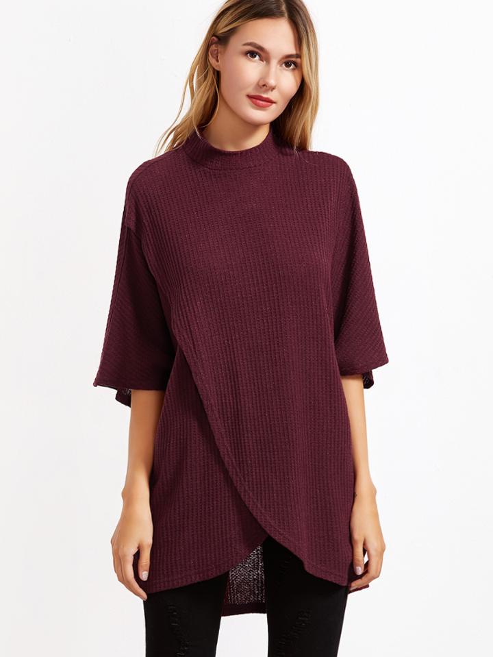 Shein Burgundy Waffle Knit Overlap Front T-shirt
