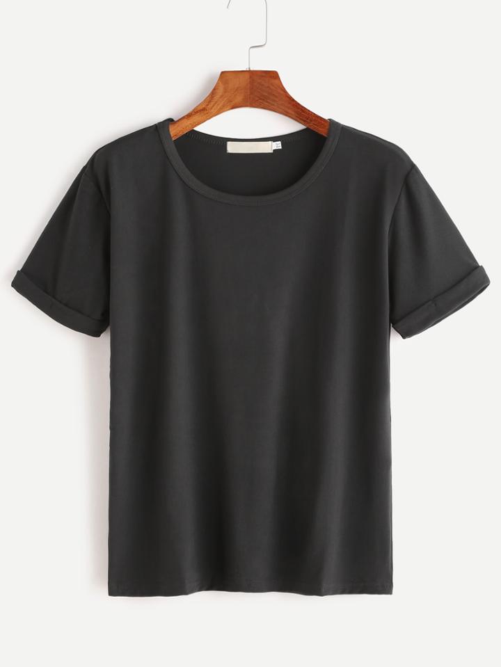 Shein Black Rolled Sleeve Basic T-shirt